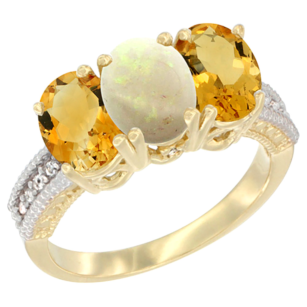 14K Yellow Gold Natural Opal & Citrine Sides Ring 3-Stone 7x5 mm Oval Diamond Accent, sizes 5 - 10