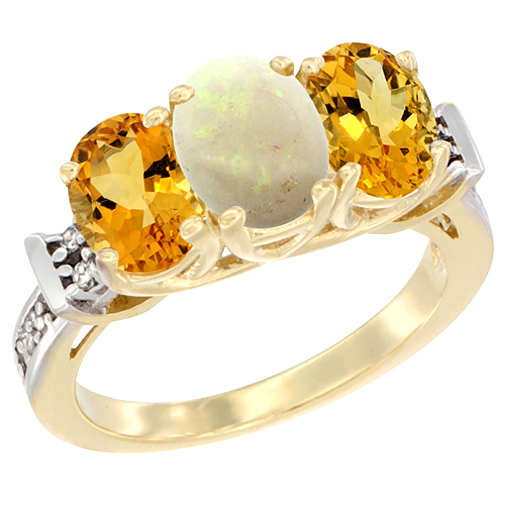 10K Yellow Gold Natural Opal & Citrine Sides Ring 3-Stone Oval Diamond Accent, sizes 5 - 10