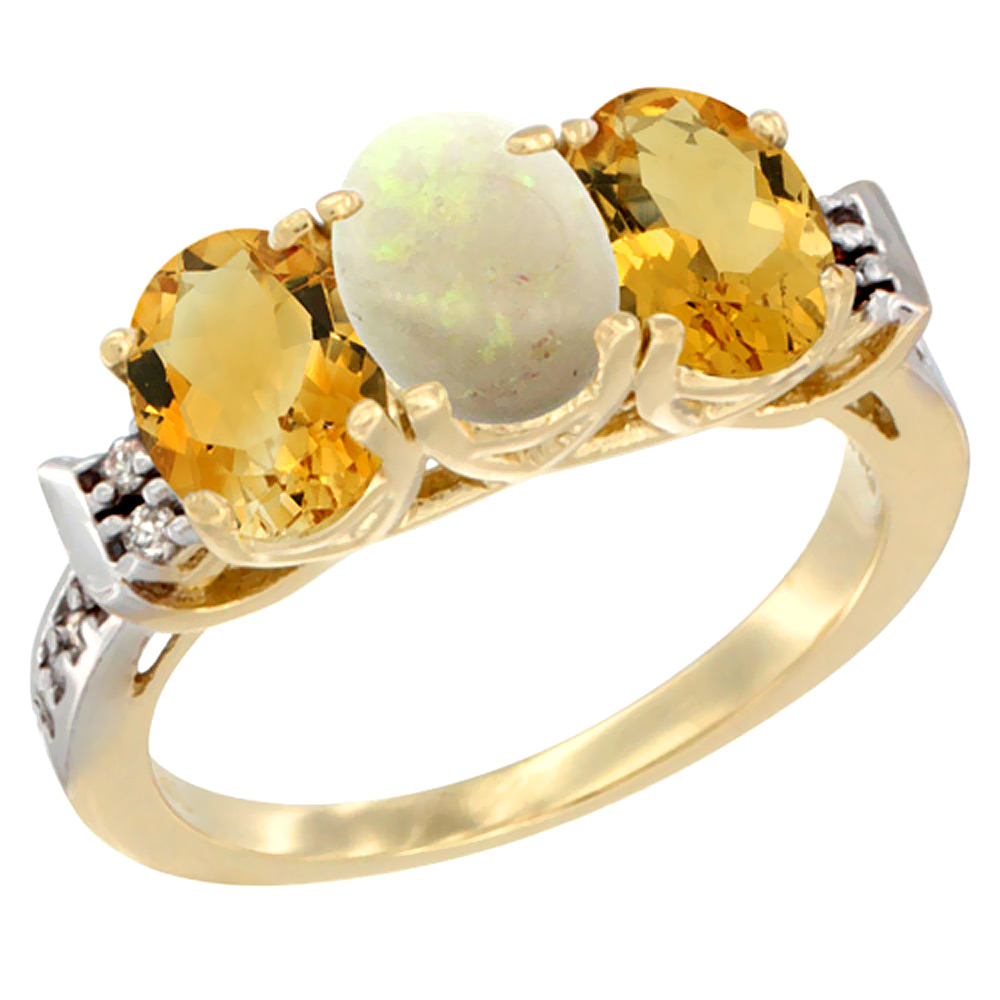 14K Yellow Gold Natural Opal & Citrine Sides Ring 3-Stone 7x5 mm Oval Diamond Accent, sizes 5 - 10