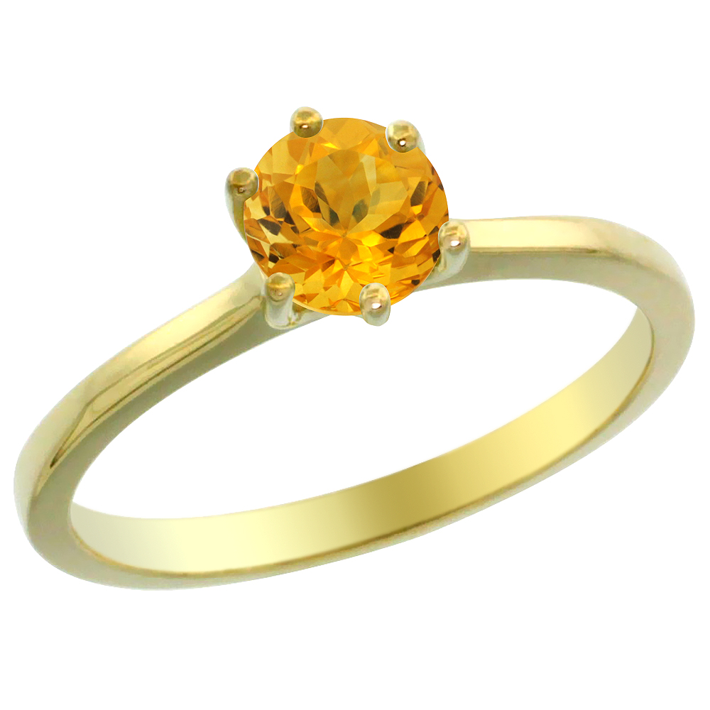 14K Yellow Gold Natural Citrine Solitaire Ring Round 6mm, sizes 5 - 10