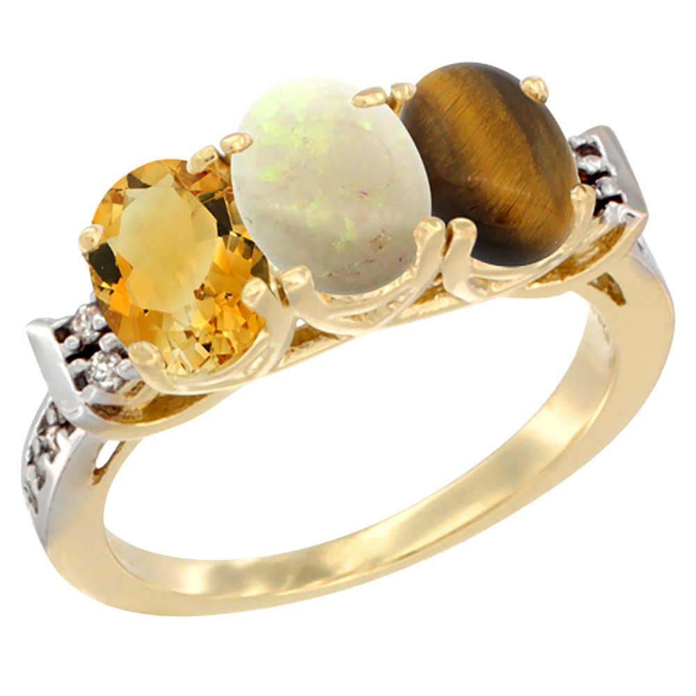 10K Yellow Gold Natural Citrine, Opal & Tiger Eye Ring 3-Stone Oval 7x5 mm Diamond Accent, sizes 5 - 10