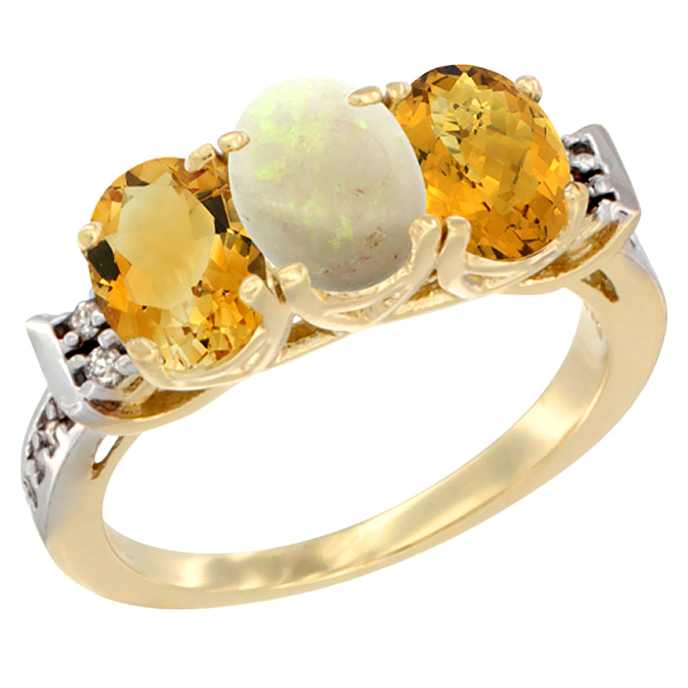 10K Yellow Gold Natural Citrine, Opal & Whisky Quartz Ring 3-Stone Oval 7x5 mm Diamond Accent, sizes 5 - 10