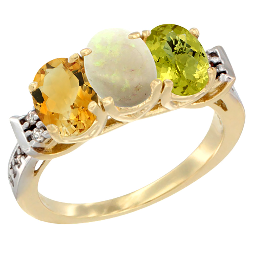 10K Yellow Gold Natural Citrine, Opal &amp; Lemon Quartz Ring 3-Stone Oval 7x5 mm Diamond Accent, sizes 5 - 10