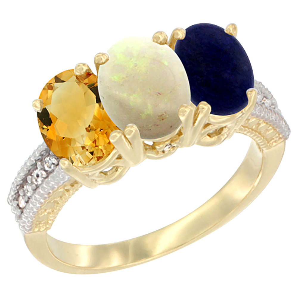 14K Yellow Gold Natural Citrine, Opal & Lapis Ring 3-Stone 7x5 mm Oval Diamond Accent, sizes 5 - 10