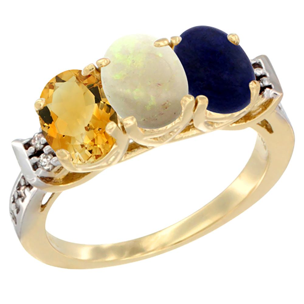 10K Yellow Gold Natural Citrine, Opal & Lapis Ring 3-Stone Oval 7x5 mm Diamond Accent, sizes 5 - 10