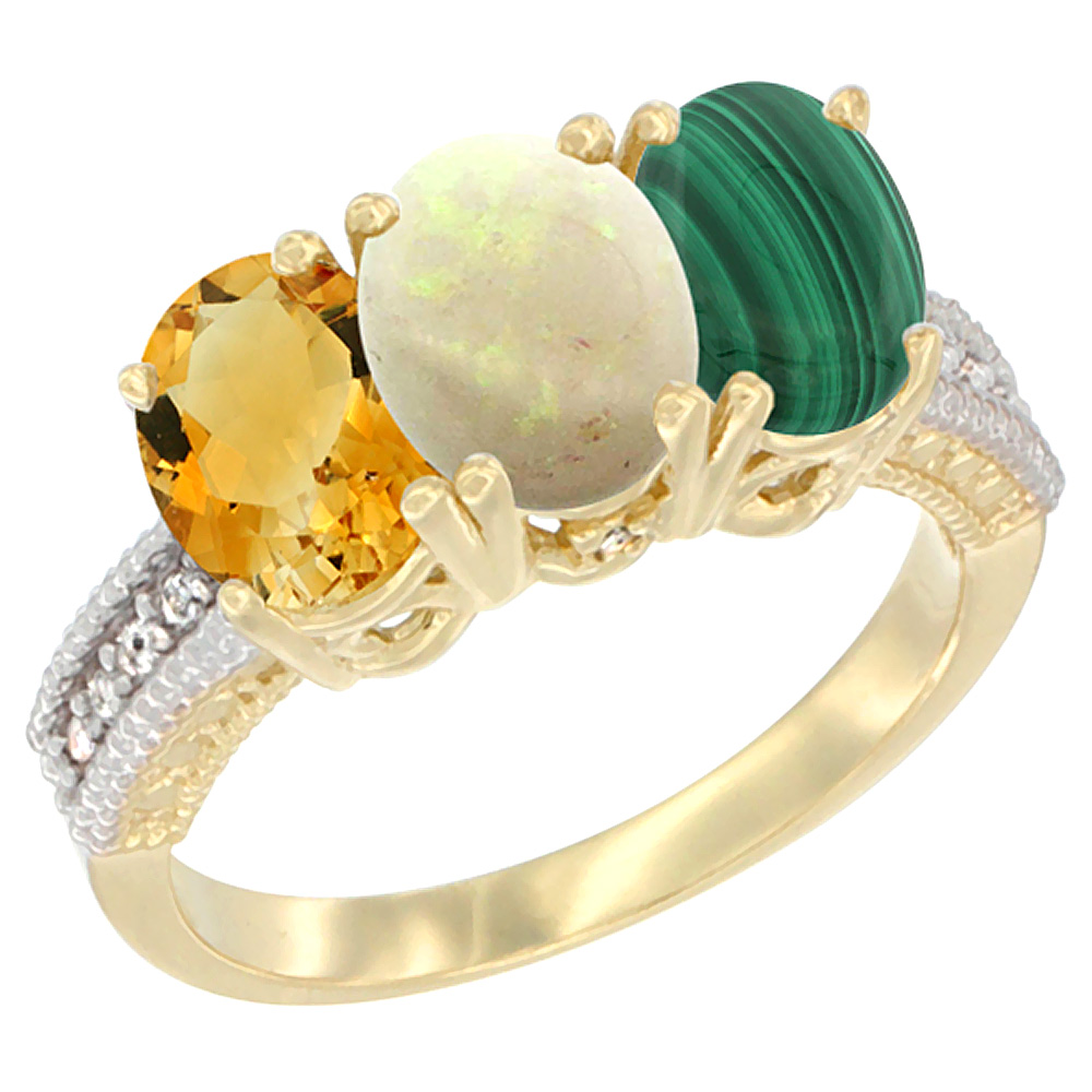 10K Yellow Gold Diamond Natural Citrine, Opal & Malachite Ring 3-Stone 7x5 mm Oval, sizes 5 - 10