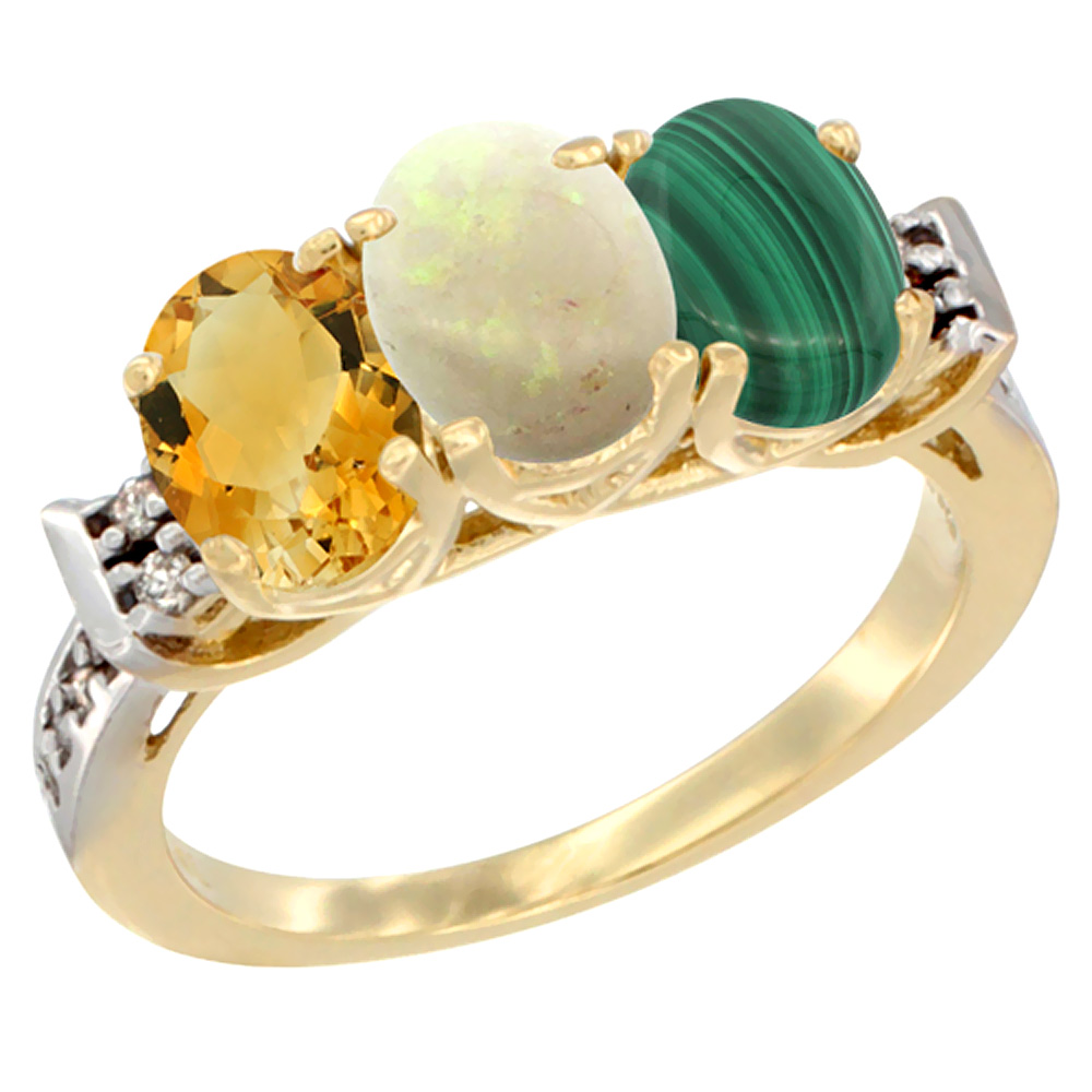 10K Yellow Gold Natural Citrine, Opal & Malachite Ring 3-Stone Oval 7x5 mm Diamond Accent, sizes 5 - 10