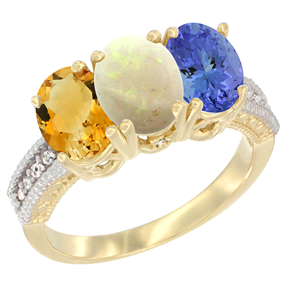 10K Yellow Gold Diamond Natural Citrine, Opal &amp; Tanzanite Ring 3-Stone 7x5 mm Oval, sizes 5 - 10