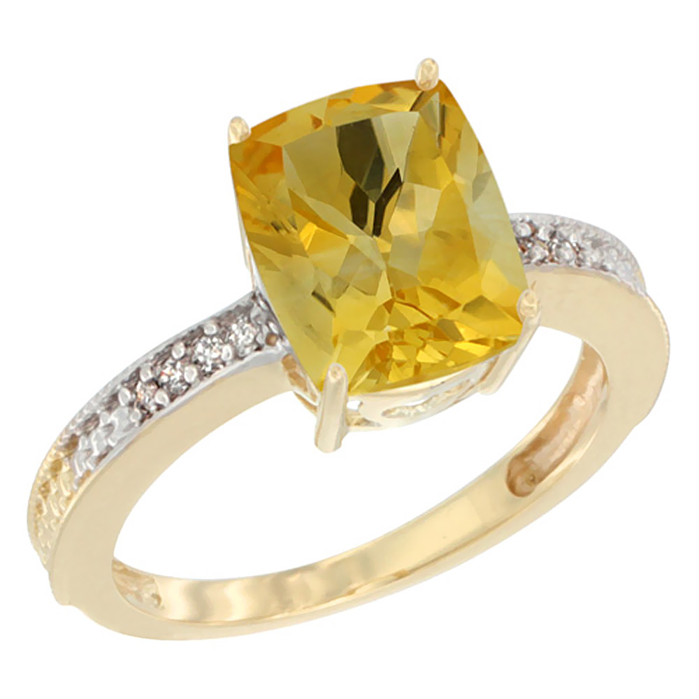 10K Yellow Gold Diamond Cushion 10x8 mm Natural Citrine Stone Ring, sizes 5 - 10