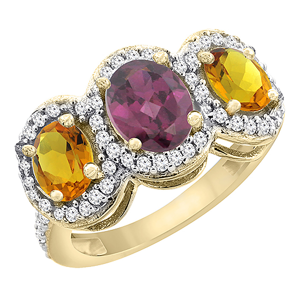 14K Yellow Gold Natural Rhodolite &amp; Citrine 3-Stone Ring Oval Diamond Accent, sizes 5 - 10