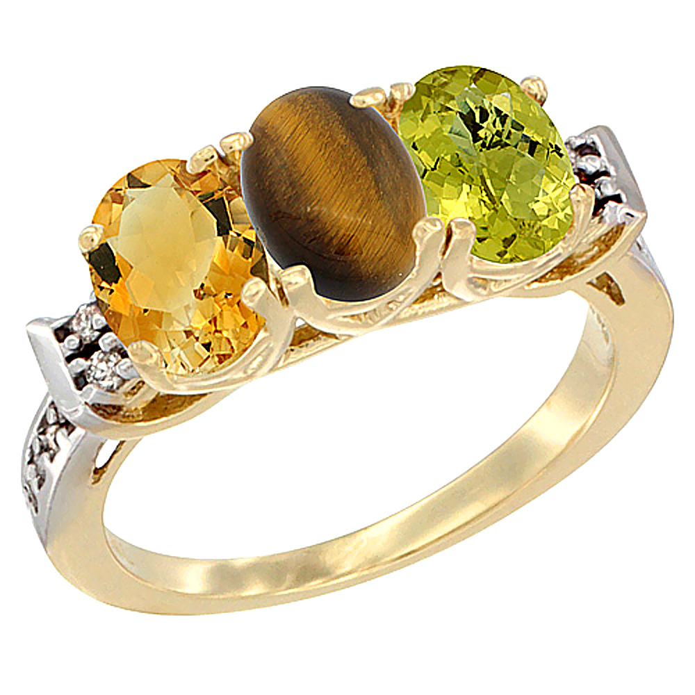 10K Yellow Gold Natural Citrine, Tiger Eye & Lemon Quartz Ring 3-Stone Oval 7x5 mm Diamond Accent, sizes 5 - 10