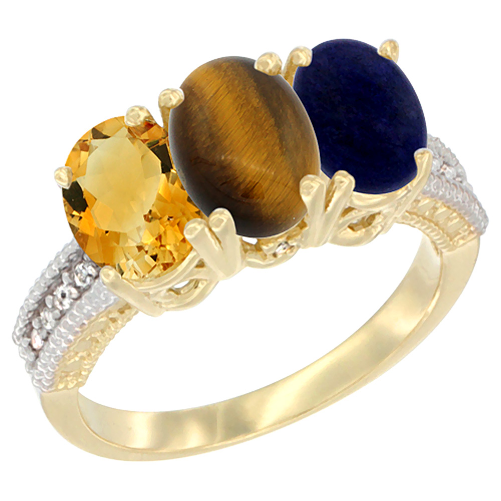 10K Yellow Gold Diamond Natural Citrine, Tiger Eye & Lapis Ring 3-Stone 7x5 mm Oval, sizes 5 - 10