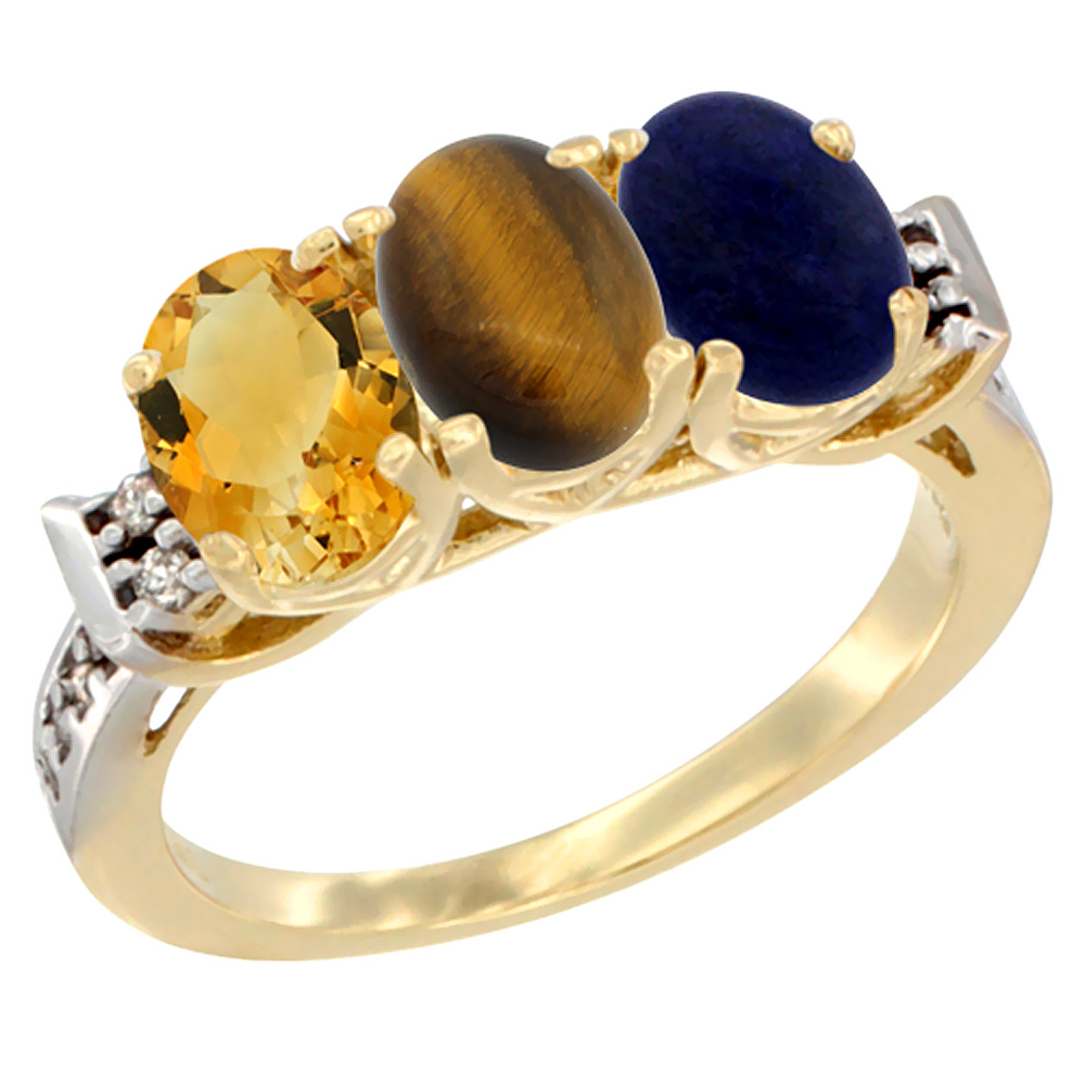 14K Yellow Gold Natural Citrine, Tiger Eye & Lapis Ring 3-Stone 7x5 mm Oval Diamond Accent, sizes 5 - 10