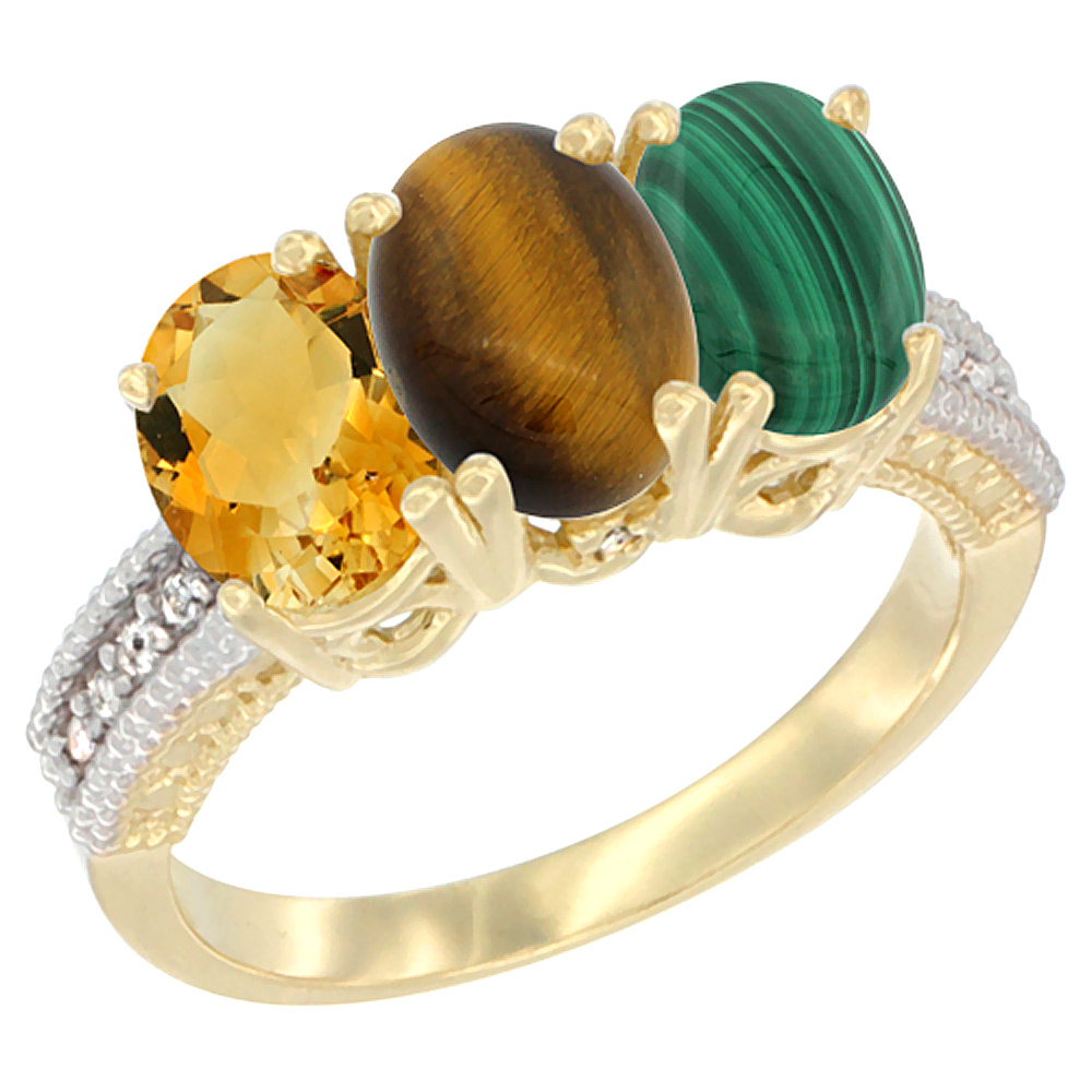 10K Yellow Gold Diamond Natural Citrine, Tiger Eye &amp; Malachite Ring 3-Stone 7x5 mm Oval, sizes 5 - 10