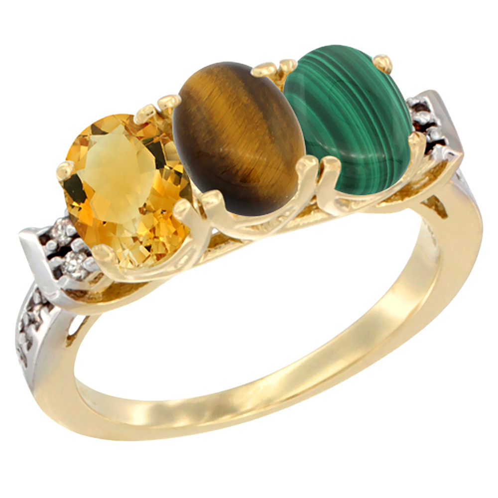 14K Yellow Gold Natural Citrine, Tiger Eye &amp; Malachite Ring 3-Stone 7x5 mm Oval Diamond Accent, sizes 5 - 10