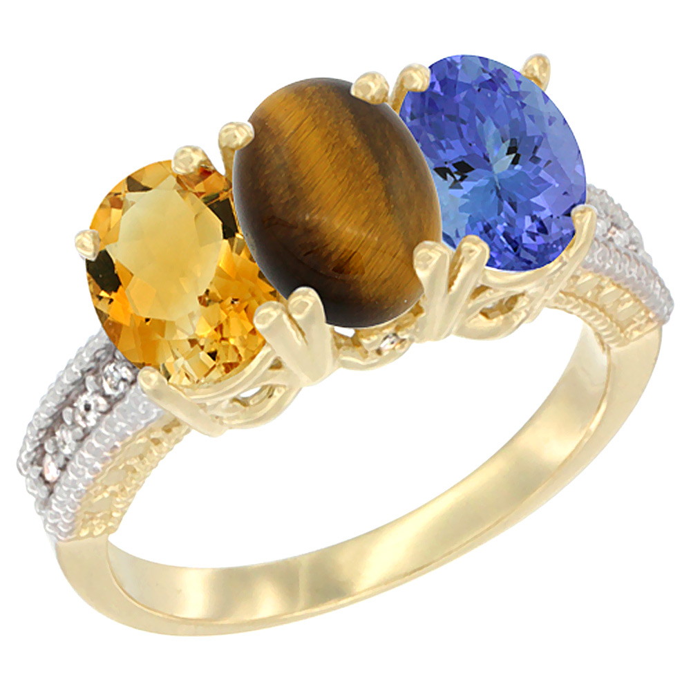 14K Yellow Gold Natural Citrine, Tiger Eye & Tanzanite Ring 3-Stone 7x5 mm Oval Diamond Accent, sizes 5 - 10