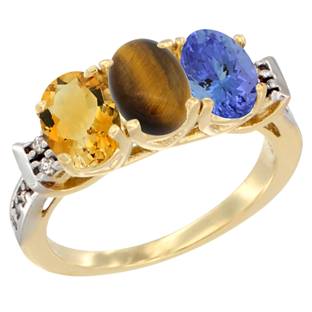 10K Yellow Gold Natural Citrine, Tiger Eye &amp; Tanzanite Ring 3-Stone Oval 7x5 mm Diamond Accent, sizes 5 - 10