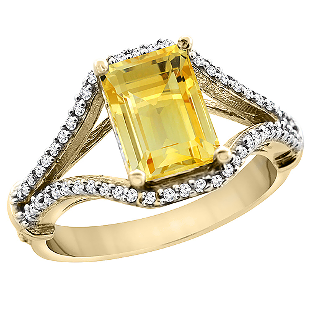 10K Yellow Gold Natural Citrine Ring Octagon 8x6 mm with Diamond Accents, sizes 5 - 10