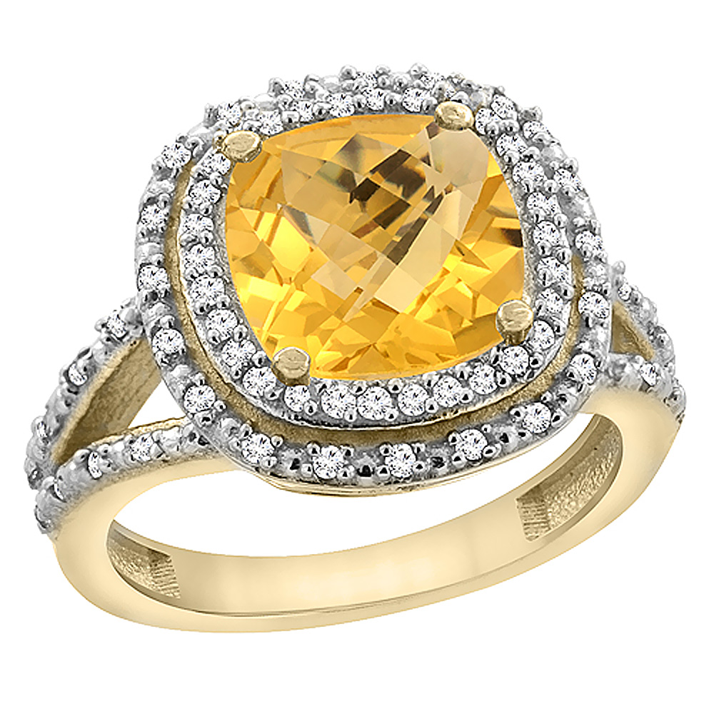10K Yellow Gold Natural Citrine Ring Cushion 8x8 mm with Diamond Accents, sizes 5 - 10