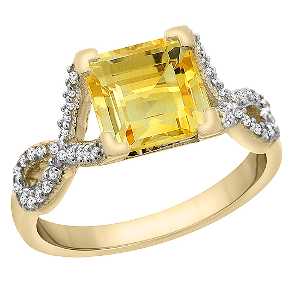 10K Yellow Gold Natural Citrine Ring Square 7x7 mm Diamond Accents, sizes 5 to 10