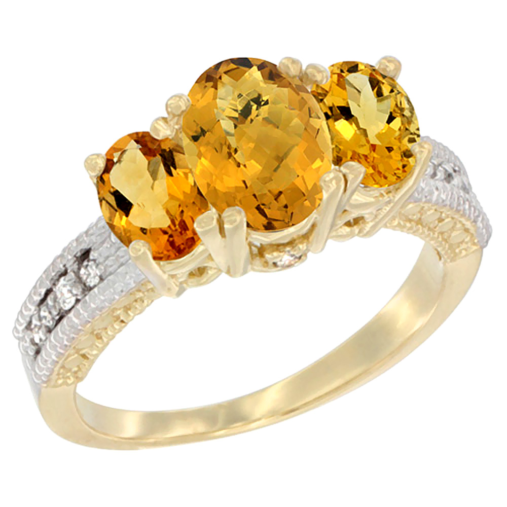 14K Yellow Gold Diamond Natural Whisky Quartz Ring Oval 3-stone with Citrine, sizes 5 - 10