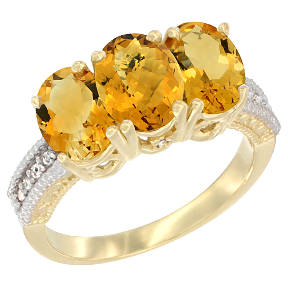 10K Yellow Gold Diamond Natural Whisky Quartz & Citrine Ring 3-Stone 7x5 mm Oval, sizes 5 - 10