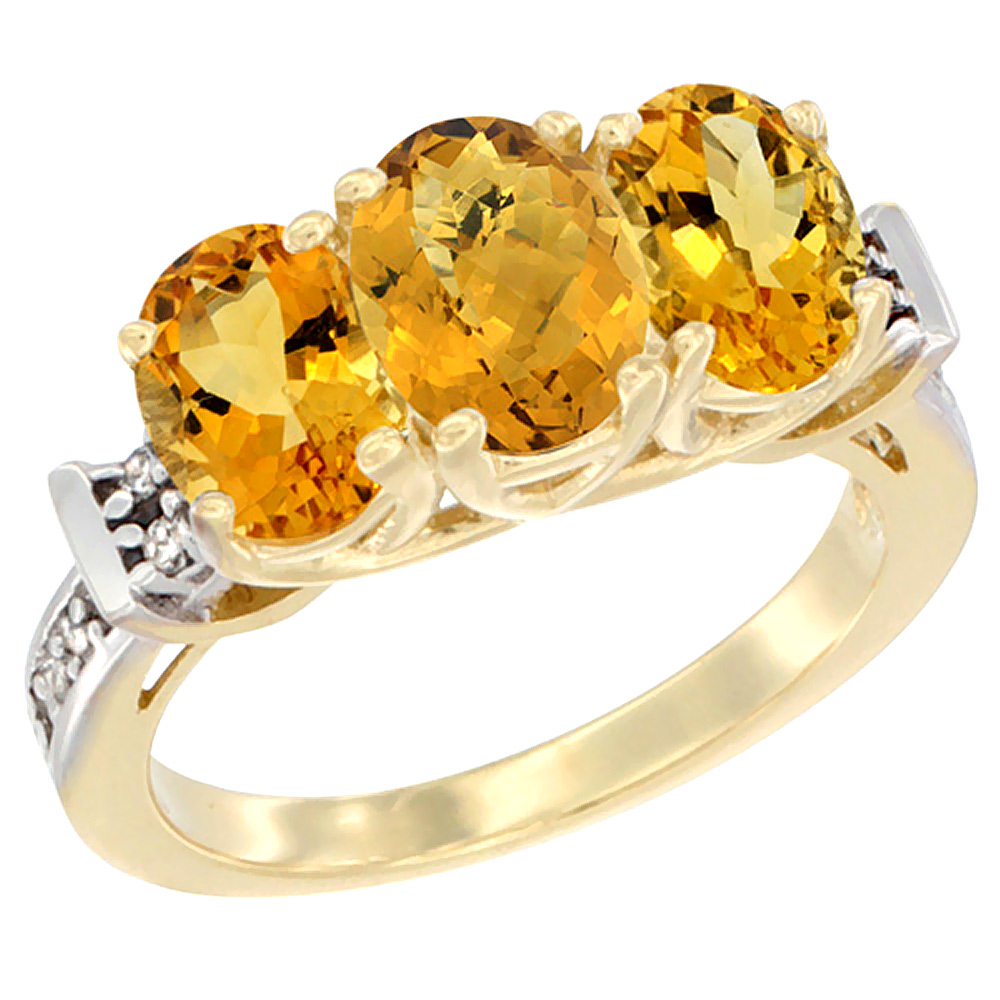 10K Yellow Gold Natural Whisky Quartz & Citrine Sides Ring 3-Stone Oval Diamond Accent, sizes 5 - 10