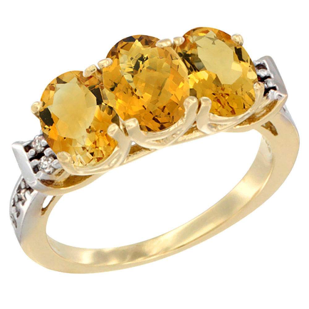 14K Yellow Gold Natural Whisky Quartz & Citrine Sides Ring 3-Stone 7x5 mm Oval Diamond Accent, sizes 5 - 10