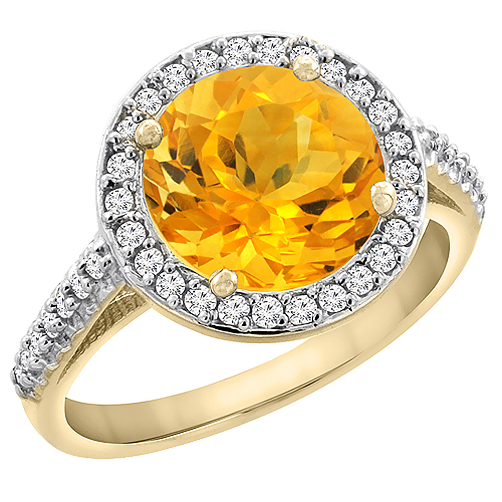 14K Yellow Gold Natural Citrine Ring Round 8mm Diamond Halo, sizes 5 to 10