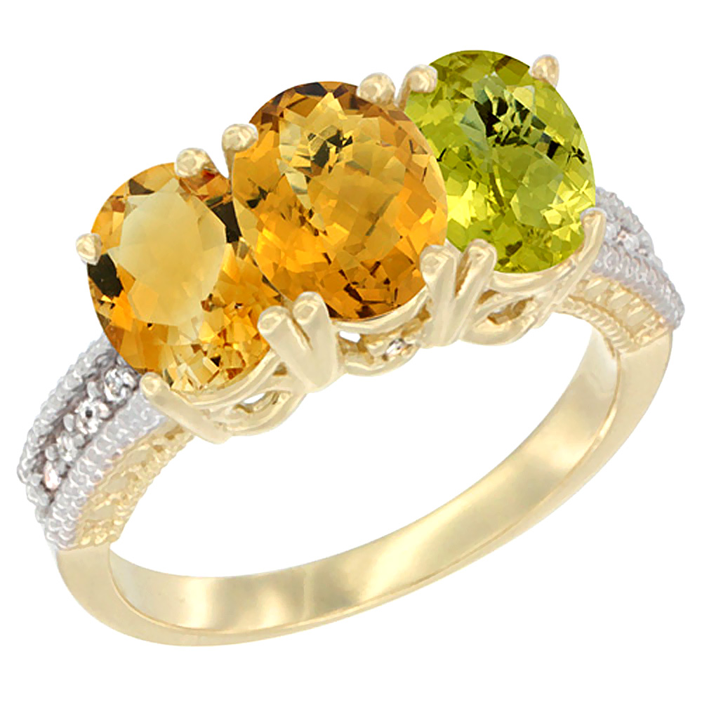 10K Yellow Gold Diamond Natural Citrine, Whisky Quartz & Lemon Quartz Ring 3-Stone 7x5 mm Oval, sizes 5 - 10