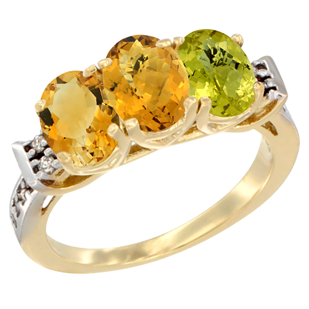 10K Yellow Gold Natural Citrine, Whisky Quartz & Lemon Quartz Ring 3-Stone Oval 7x5 mm Diamond Accent, sizes 5 - 10