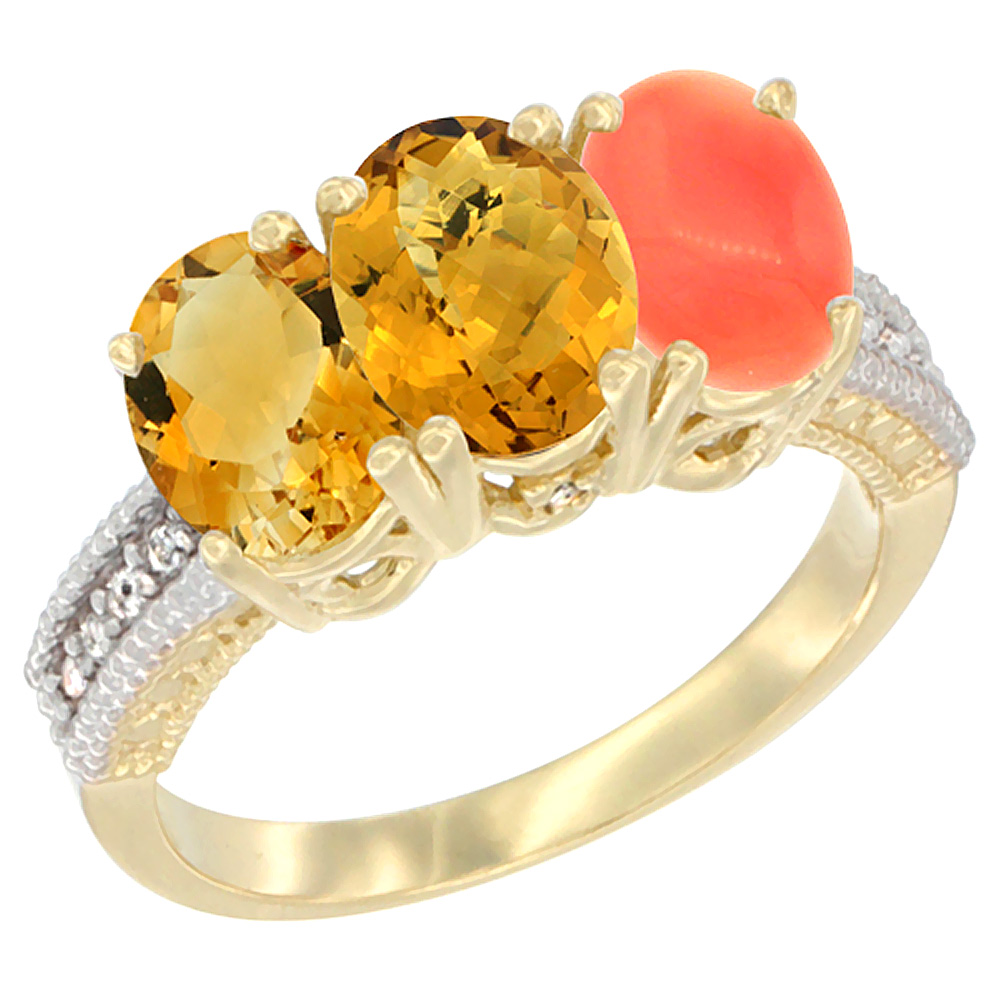 10K Yellow Gold Diamond Natural Citrine, Whisky Quartz & Coral Ring 3-Stone 7x5 mm Oval, sizes 5 - 10