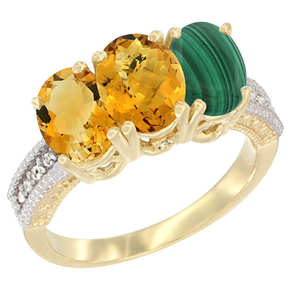 14K Yellow Gold Natural Citrine, Whisky Quartz & Malachite Ring 3-Stone 7x5 mm Oval Diamond Accent, sizes 5 - 10