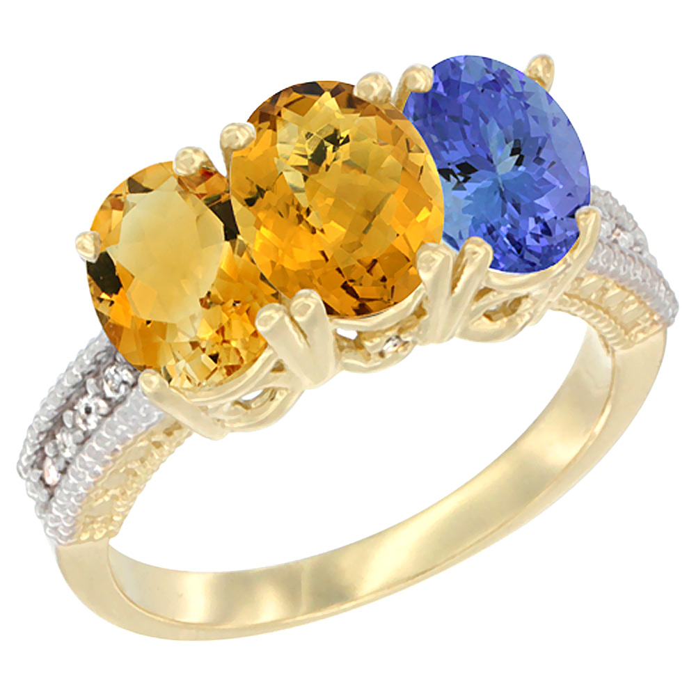 14K Yellow Gold Natural Citrine, Whisky Quartz & Tanzanite Ring 3-Stone 7x5 mm Oval Diamond Accent, sizes 5 - 10