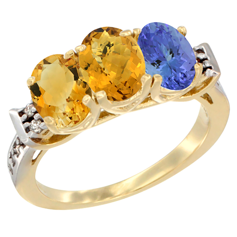 10K Yellow Gold Natural Citrine, Whisky Quartz &amp; Tanzanite Ring 3-Stone Oval 7x5 mm Diamond Accent, sizes 5 - 10