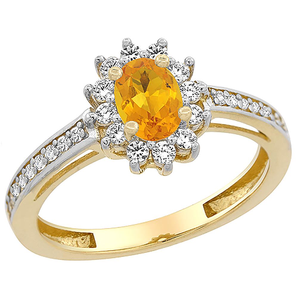 14K Yellow Gold Natural Citrine Flower Halo Ring Oval 6x4mm Diamond Accents, sizes 5 - 10