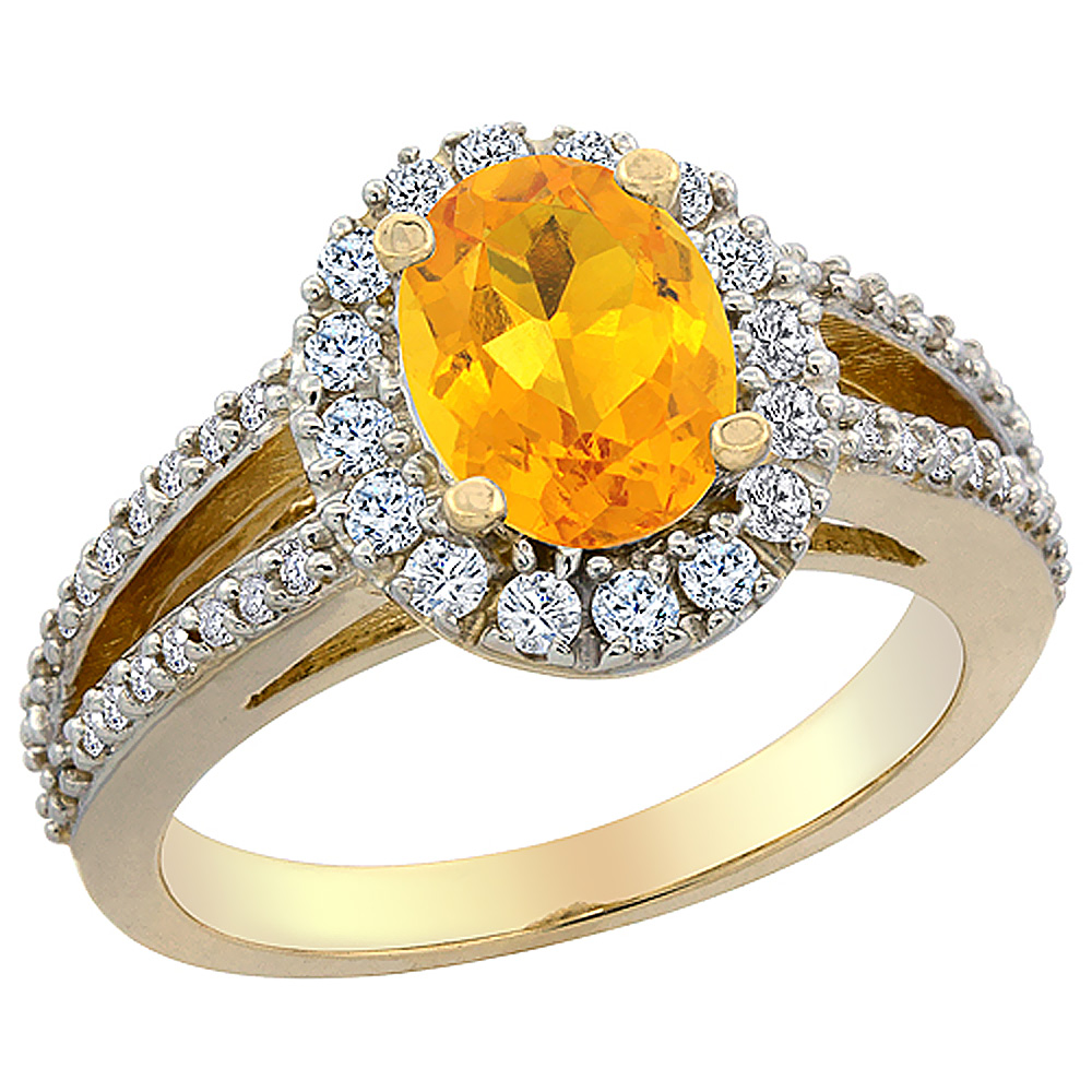 10K Yellow Gold Natural Citrine Halo Ring Oval 8x6 mm with Diamond Accents, sizes 5 - 10
