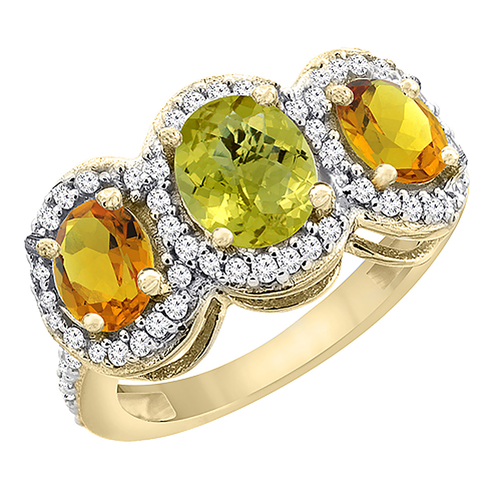 10K Yellow Gold Natural Lemon Quartz & Citrine 3-Stone Ring Oval Diamond Accent, sizes 5 - 10