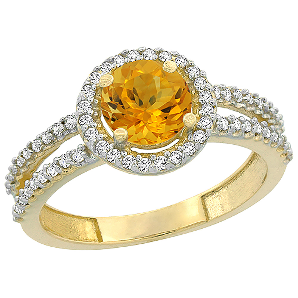 14K Yellow Gold Natural Citrine Diamond Halo Ring Round 6mm, sizes 5 - 10
