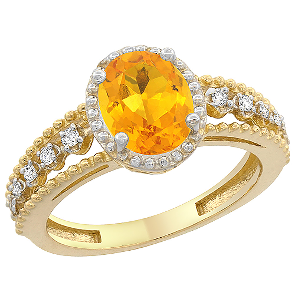 14K Yellow Gold Natural Citrine Ring Oval 9x7 mm Floating Diamond Accents, sizes 5 - 10
