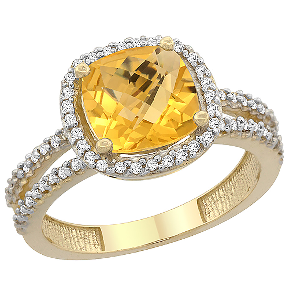 14K Yellow Gold Natural Citrine Ring Cushion-cut 8x8 mm 2-row Diamond Accents, sizes 5 - 10
