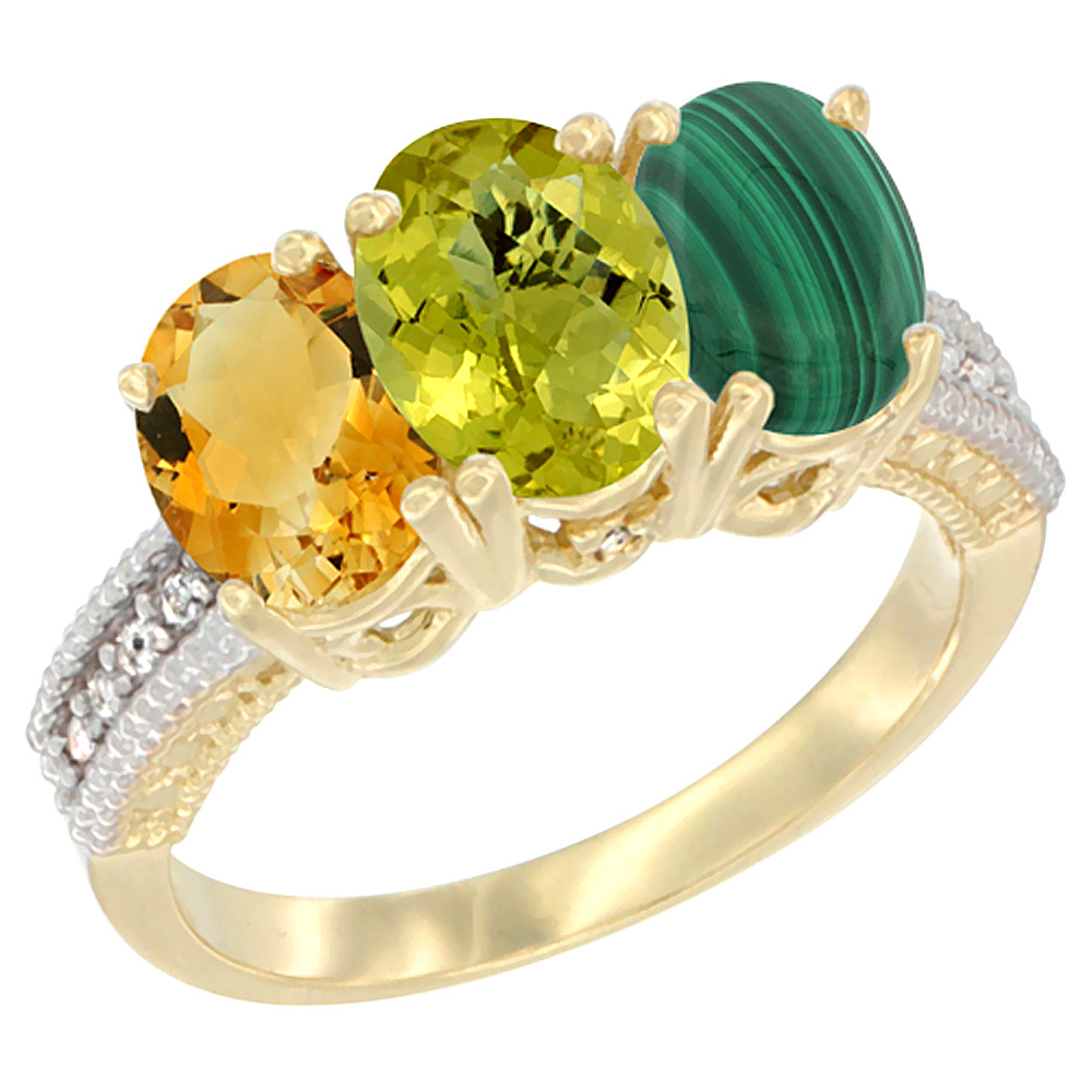 10K Yellow Gold Diamond Natural Citrine, Lemon Quartz & Malachite Ring 3-Stone 7x5 mm Oval, sizes 5 - 10