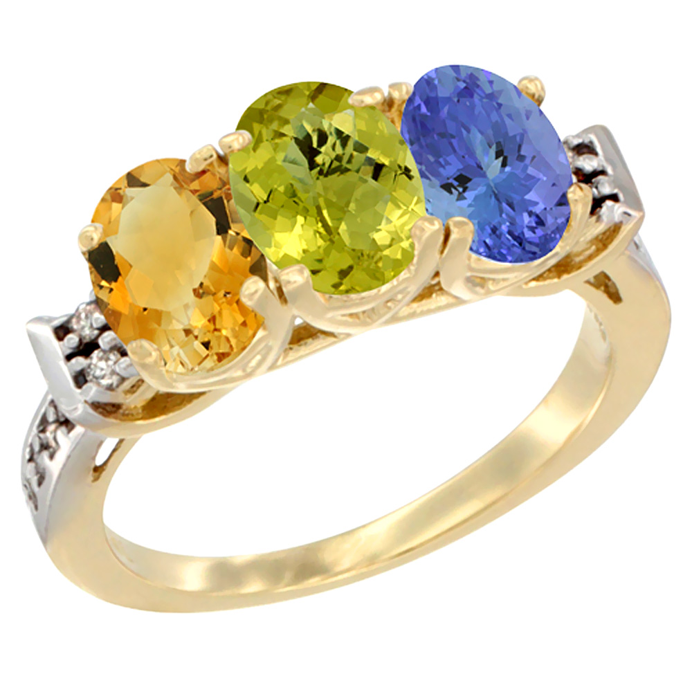 14K Yellow Gold Natural Citrine, Lemon Quartz & Tanzanite Ring 3-Stone 7x5 mm Oval Diamond Accent, sizes 5 - 10