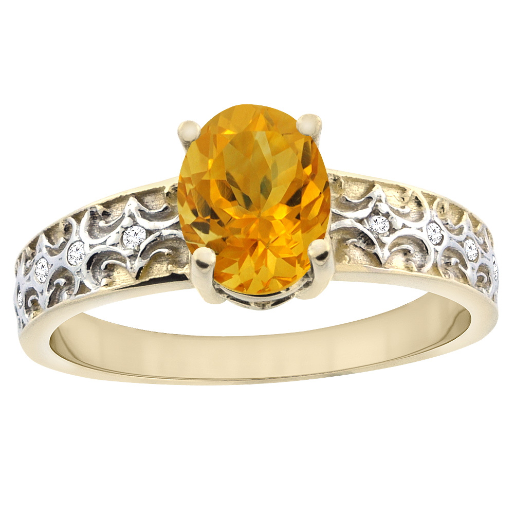14K Yellow Gold Natural Citrine Ring Oval 8x6 mm Diamond Accents, sizes 5 - 10