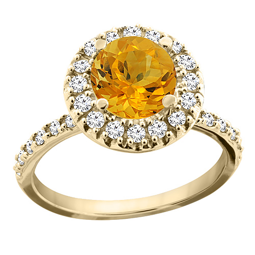 14K Yellow Gold Natural Citrine Ring Round 8mm Floating Halo Diamond, sizes 5 - 10