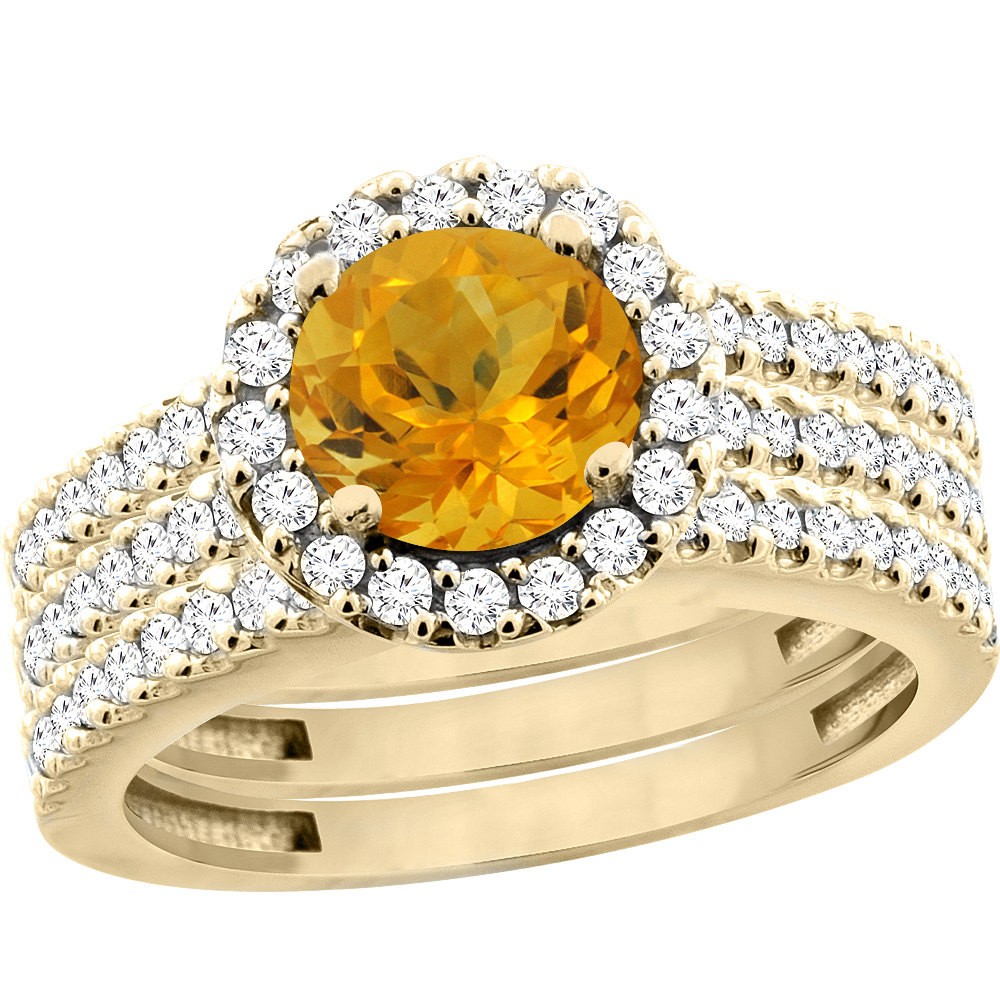 10K Yellow Gold Natural Citrine 3-Piece Bridal Ring Set Round 6mm Halo Diamond, sizes 5 - 10