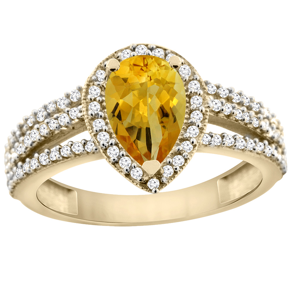 14K Yellow Gold Natural Citrine Ring 9x7 Pear Halo Diamond, sizes 5 - 10