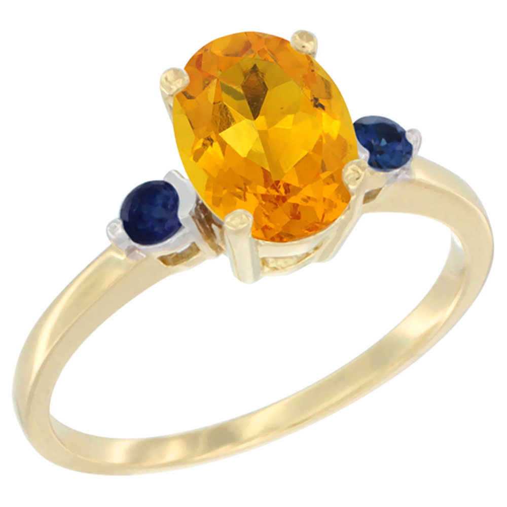 14K Yellow Gold Natural Citrine Ring Oval 9x7 mm Blue Sapphire Accent, sizes 5 to 10