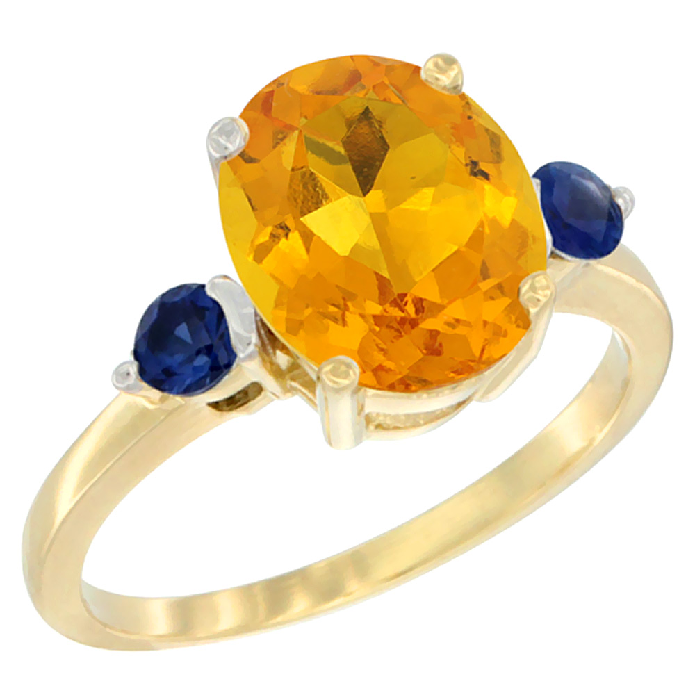 14K Yellow Gold 10x8mm Oval Natural Citrine Ring for Women Blue Sapphire Side-stones sizes 5 - 10