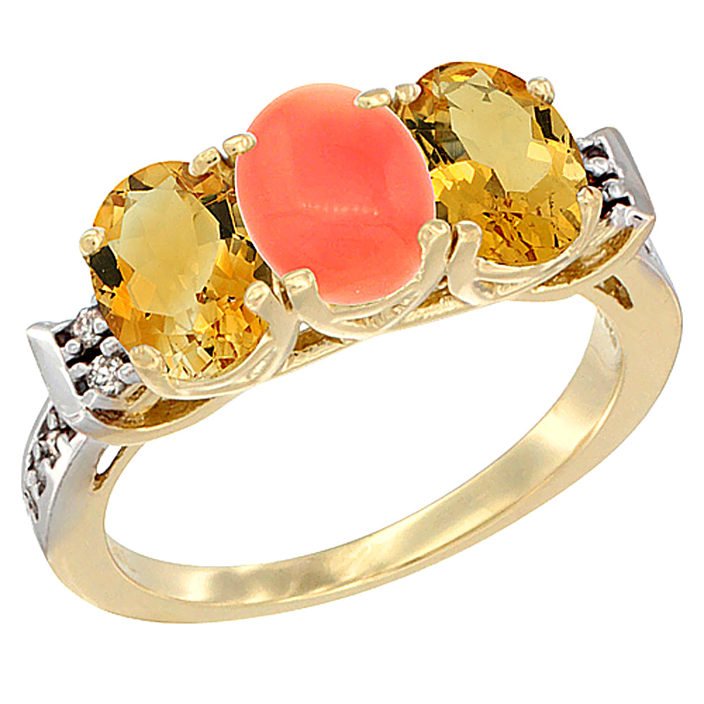 14K Yellow Gold Natural Coral & Citrine Sides Ring 3-Stone 7x5 mm Oval Diamond Accent, sizes 5 - 10